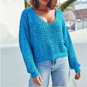 Free People Pristine Waters Slouchy Knit oversized cropped blue sweater